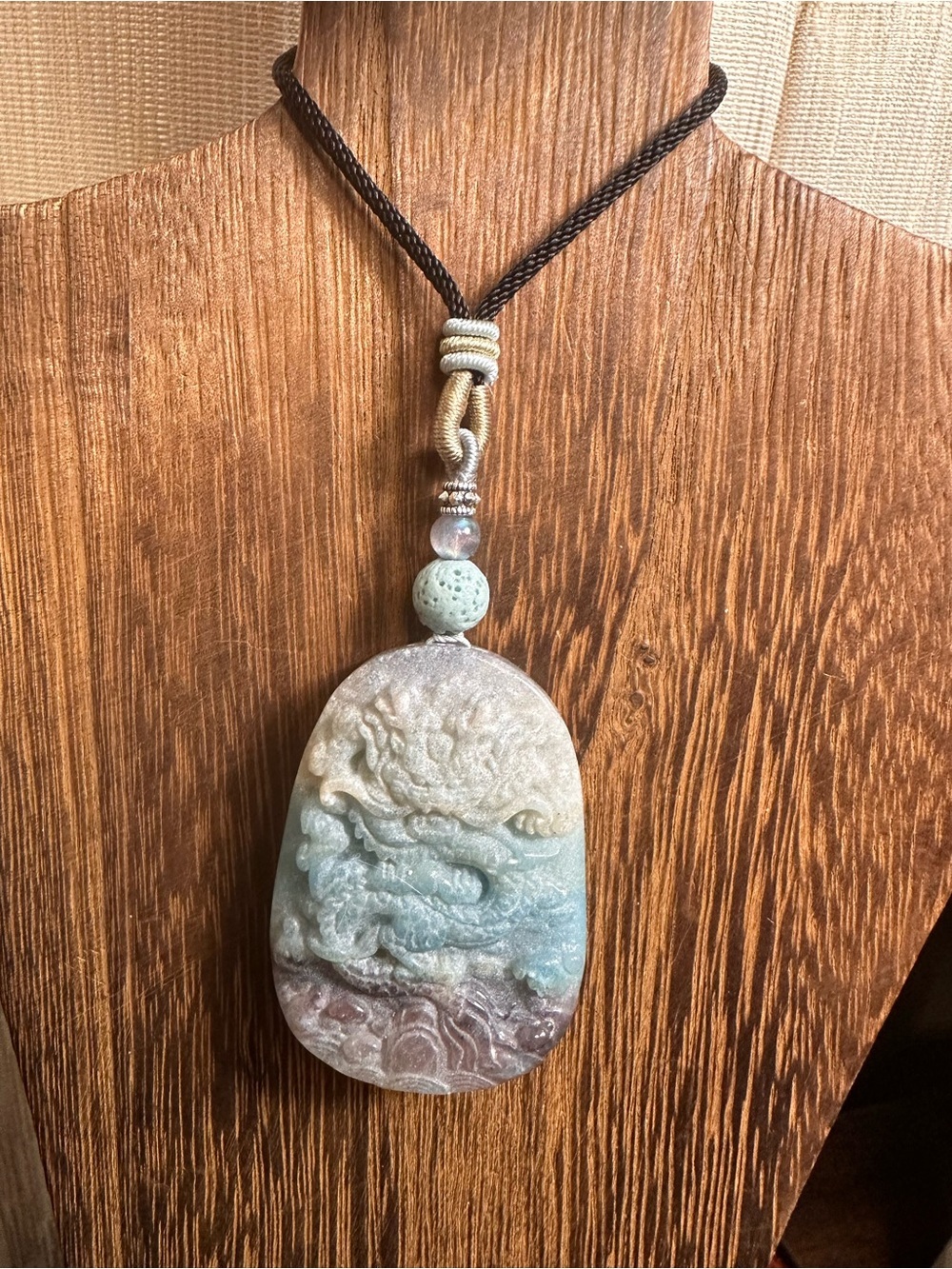 Blue and Navy Alashan Agate Dragon Pendant Necklace on Adjustable Black Rope